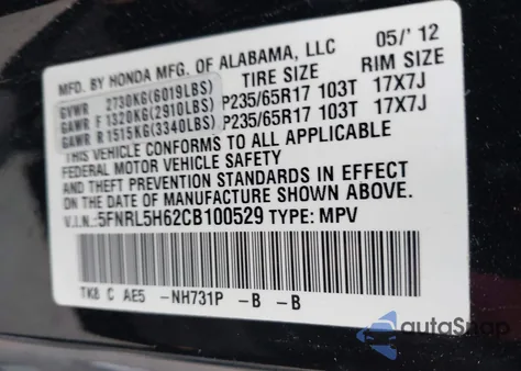 2012 Honda Odyssey Ex-L from USA, damaged, VIN 5FNRL5H62CB100529